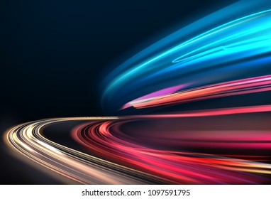 Imagen vectorial de trazas de luz coloridas con efecto de desenfoque de movimiento, exposición de largo tiempo. Aislado en segundo plano