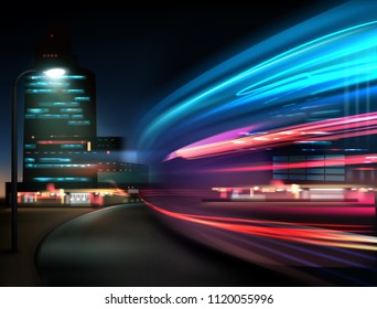 Vector image of colorful light trails with motion blur effect, long time exposure. Isolated on background