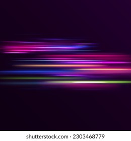 Vector image of colorful light trails with motion blur effect, long exposure. Abstract neon speed glowing wavy lines. Abstract shiny color wave light effect.