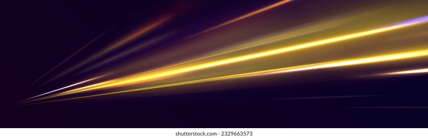 Vector image of colorful light trails with motion blur effect, long exposure. Abstract neon yellow speed glowing wavy lines. Abstract shiny color wave light effect.