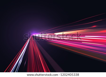 Vector image of colorful light trails with motion blur effect, long time exposure. Isolated on background