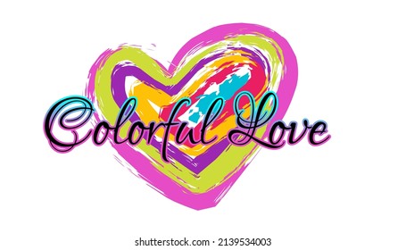 Vector image with COLORFUL LOVE written in black with colorful hearts.