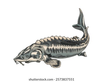 Vector image of a colorful sturgeon in sketch style on a white background. The vintage design reflects the seafood delicacies for decorating a restaurant