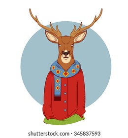 Vector image of a colorful winter deer with coat and scarf