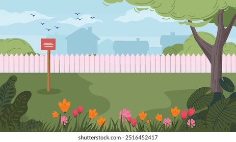 Vector image of a colorful wooden fence surrounded by green trees, with a welcome sign, clouds, a path, and a butterfly.
