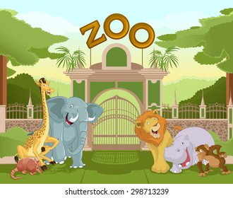 Vector image of a colorful zoo gate with African animals