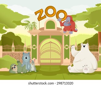 Vector image of a colorful zoo gate with animals