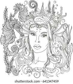 Vector Image Of Coloring Pages For Adults, Mermaid. Underwater Queen Ornament.