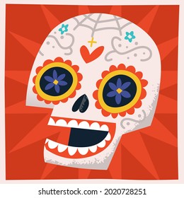 Vector image of colourful day of the dead painted skull. Holiday illustration