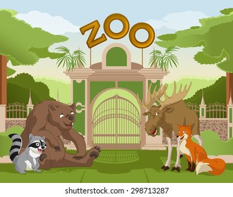 Vector image of a colurful zoo gate with animals