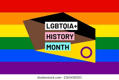 vector image combining the trans, black, pride and intersex flag with the text 'LGBTQIA+ history month' 