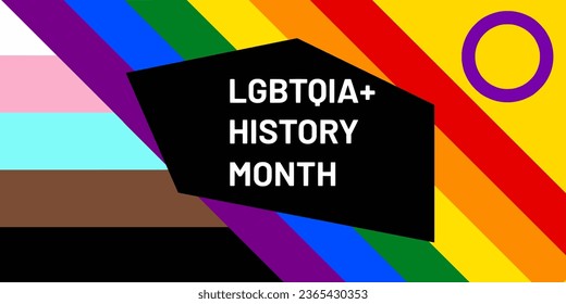 vector image combining the trans, black, pride and intersex flag with the text 'LGBTQIA+ history month' 