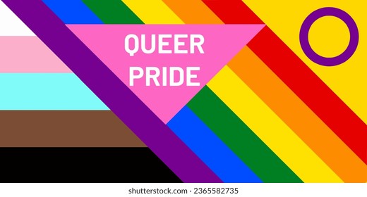 Vector image combining the trans, black, pride and intersex flag with the text 'QUEER PRIDE' on a pink triangle