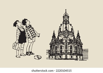 
Vector image - Come on boys and the church in Dresden