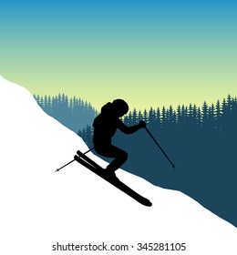 Vector Image coming down from the mountainside at a speed skier. Safety. Winter sport. The descent from the mountains in the background of mountains and dense forests. Jump while descending skiers.