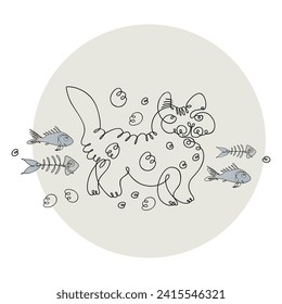 Vector image of a composition of a cat with fish food. Modern art is a continuous line, an aesthetic contour.