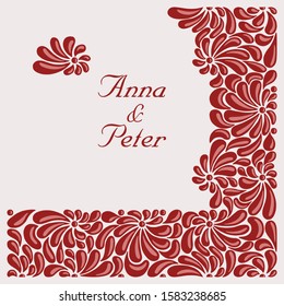 A vector image of a composition with a floral motif in different shades of red for a wedding invitation card and etc.