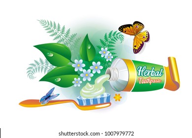 Vector image of the composition of the tube of herbal toothpaste, toothbrush, leaves, flowers and butterflies