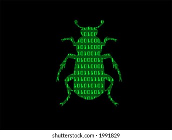 Vector image of a computer bug with a binary code inside the outline