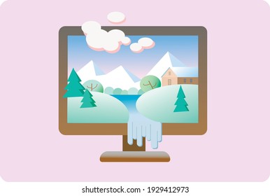 Vector image computer monitor with mountain landscape 