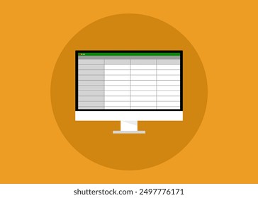 vector image of a computer with a screen displaying a spreadsheet program, minimal illustration