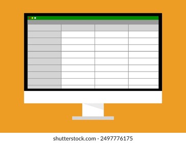 vector image of a computer with a screen displaying a spreadsheet program, minimal illustration