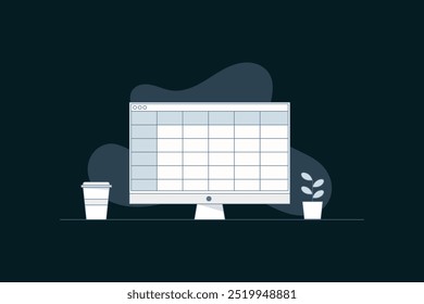 imagem vetorial de um computador com uma tela exibindo um programa de planilha, ilustração mínima