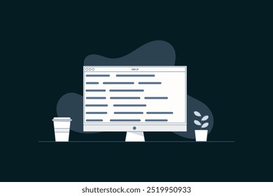 vector image of a computer with a screen displaying a programming code program, minimal illustration