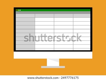 vector image of a computer with a screen displaying a spreadsheet program, minimal illustration