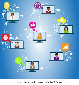 Vector image. Computers and computer icons on a blue background