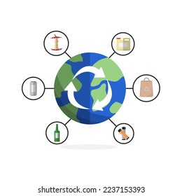 Vector image of the concept of recycling paper, metal, food waste, batteries, plastic and glass.