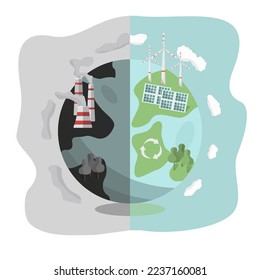 Vector image of the concept of using renewable energy: solar panels and wind turbines. Harm from the use of factories. Clogging the planet