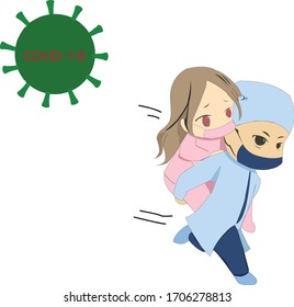 Vector image of conceptual image where a healthworker is saving a little girl from coronavirus, specifically Covid-19.