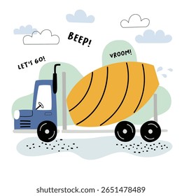 Vector image of a concrete mixer truck. Children's illustration for prints, decorations, stickers, games, preschool activities.