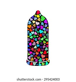Vector image of Condom with colorful Hearts in abstract style