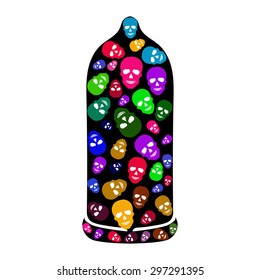 Vector image of Condom with colorful Human Skulls  in abstract style