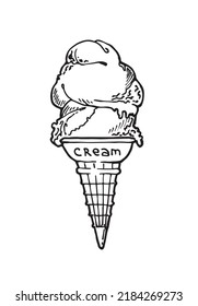 vector image of a cone with ice cream balls, black and white graphics, dessert symbol for sticker, coloring, menu