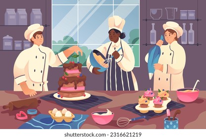 Imagen vectorial del chef pastelero con pastel. Ilustración plana de carácter con delantal haciendo bizcocho con crema. Comida con masa y harina. La profesión de la confitería. Hornear y cocinar, hornear