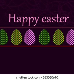 Vector image for congratulation with Easter eggs in a number of different colors and two red lines and the words Happy Easter.