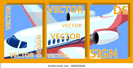 vector image consisting of three interconnected images. In each image there is an element of an airplane flying in the sky. EPS 10