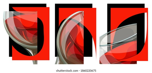 Vector image consisting of three interconnected images with one element in the form of a glass with red wine. The perfect 80s hippie compilation. EPS 10