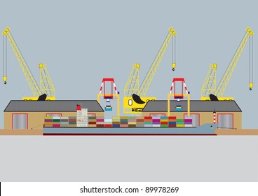 A vector image of a  Container Ship unloading in Harbor with Warehouses and Dock Cranes