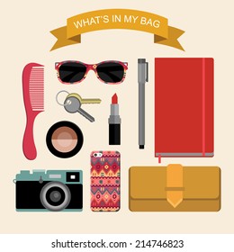 Vector image content of woman's bag with comb, purse, cosmetic, keys, liner, notepad, mobile phone, camera, sunglasses, ribbon in flat style. Glamorous fashion illustration What is inside my bag