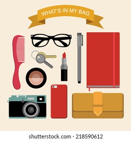 Vector image content of woman's bag with comb, purse, cosmetic, keys, liner, notepad, mobile phone, camera, sunglasses, ribbon in flat style. Glamorous fashion illustration What is inside my bag