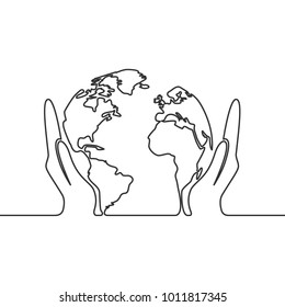 Vector image of a continuous line drawing of earth globe in human hands.
