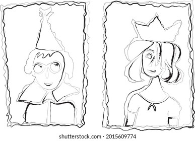 Vector image of contour doodle drawings of male and female portraits in frames