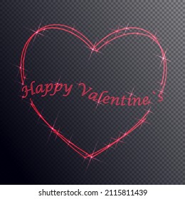 Vector image of the contours of a red glowing heart with sparkles and the inscription "Happy Valentine" on a transparent background.