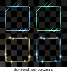 Vector image. The contours of the starry shiny frame are luminous, modern neon rays with stars lighting frame design for decoration.  Realistic illustration isolated on transparent background.