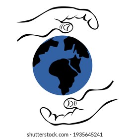 Vector image conveying the concept of environmental protection. Mock up of the planet in the arms of man