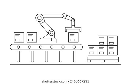 Imagen de Vector de un transportador con cajas listas para su envío. El robot carga las cajas y el palet. Centro logístico para el procesamiento de pedidos, embalaje de mercancías